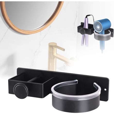 Support Seche Cheveux, Porte Seche Cheveux et Lisseur, Porte Seche Cheveux Mural sans Percage, Acier Inoxydable Porte Seche Cheveux Mural pour H么Tel, Salle de Bains Salon Barbershop (1/5)
