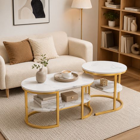 Table Basse salon Ronde–Table Gigogne 2 Pièces Plateau en marbre blanc–Structure métallique–Design minimaliste et fonction de rangement–Moderne (1/5)