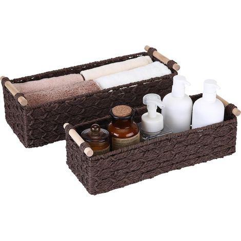 Lot de 2 paniers de rangement en corde à papier, grands et petits organiseurs de papier toilette tissés avec poignées en bois, panier décoratif pour salle de bain, salon, chambre à coucher et (1/5)