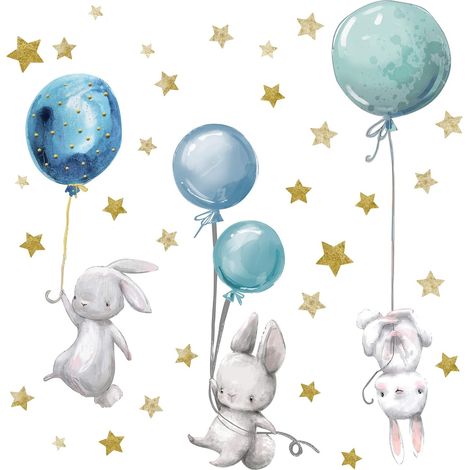 Ahlsen Adhesivo de pared personalizado de animales de acuarela con nombre, adhesivo de pared para guardería, habitación de bebé, sala de juegos para niñas (conejo con globos) (1/5)