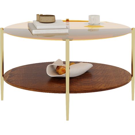Table basse ronde salon double plateau verre trempé et bois métal doré 82 x 45 cm (1/5)