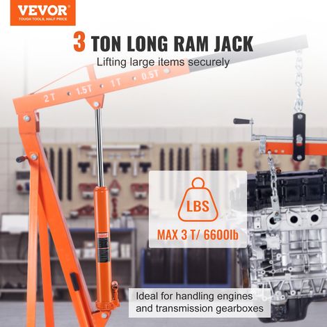 Vérin Hydraulique Long pour Grue d'Atelier 3 Tonnes, Cylindre Hydraulique Support Moteur avec Pompe à Simple Piston et Base à Chape… (1/5)