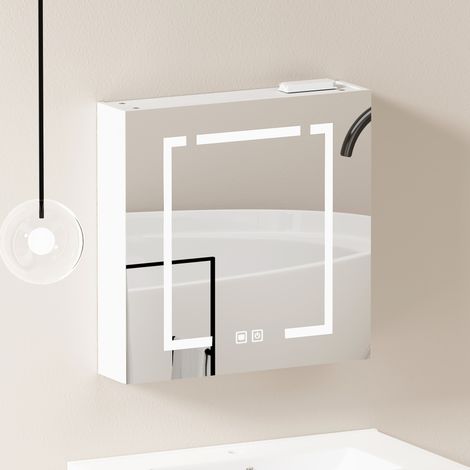 Badmöbel Spiegelschrank mit LED 60 cm modern, wandhängend, MDF und Glas in Weiß, Stauraumschrank (1/5)