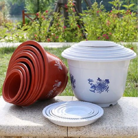 Pot de fleurs et plastiques de Quatre Gentilshommes de peinture (fleur de prunier, orchidée, bambou, chrysanthème), avec soucoupe - diamètre extérieur 18 mm - blanc - 5 pcs