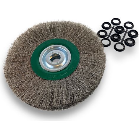 Brosse circulaire INOX  Ø 300 mm  Epaisseur 2 rangs  Fil dur 0.30 mm ondulé  Alésage 32 mm + réducteur bague 25/22/20/16/12 mm  Touret meuleuse affûteuse ponceuse  Kibros 231302IT (1/5)