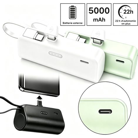 Batterie Externe Capsule 5000mAh avec Connecteur Intégré - Power bank offre 3en1 (2+1 GRATUIT), Couleur Aléatoire - 95g, LED, Protection CE
