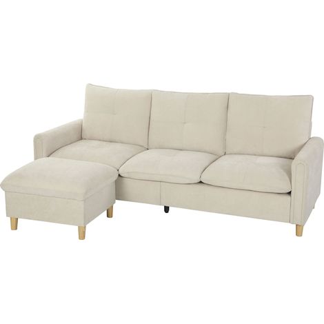 Canapé 3 places avec pouf de rangement, canapé d'angle modulable 210 cm, assise large, tissu aspect lin, couleur crème (1/5)