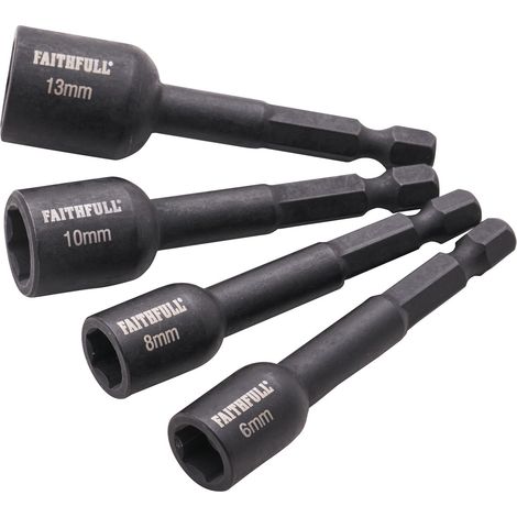 Faithfull Magnetic Impact Nut Driver Bit Set 6mm 8mm 10mm 16mm x 1/4in Hex (1/4)