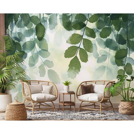 Vlies Fototapete Blätter 350x250 cm, Tapeten, für Wohn und Schlafzimmer, Vliestapete Wandtapete Tapete 3D Effekt- inkl. Kleister - Grün weiß botanisch Natur, WallArena (1/4)