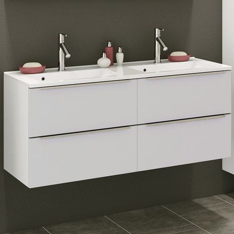 Doppelwaschtisch mit Waschbecken 120cm in Matt weiß GHOM-03 Unterschrank mit 4 Softclose-Auszügen, B/H/T ca. 120/54/48 cm (1/4)