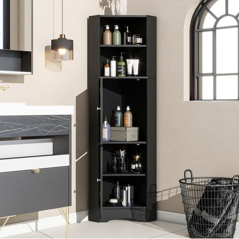Badezimmer-Eckschrank 36,5x36,5x155 cm aus Spanplatte schwarz, platzsparend – MEUBLIV (1/5)