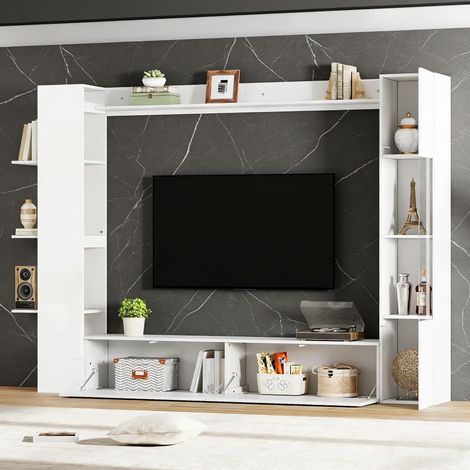 Meuble TV mural 4 pièces avec vitrine et étagère, ensemble meuble télévision et rangement, buffet suspendu pour salon/chambre, blanc
