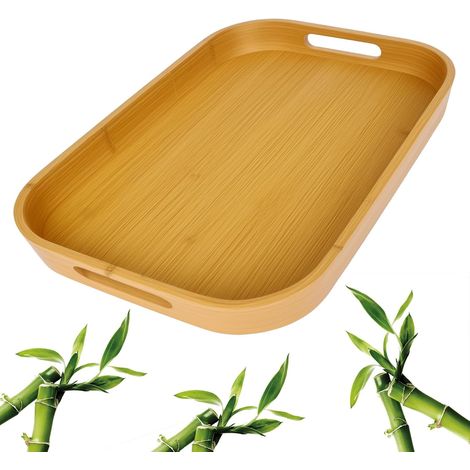 Vassoio rettangolare in bambù - 40 x 28 x 5 cm - Con manici - Grande vassoio da portata per tè, colazione, tavolino da caffè, cucina - Decorazione per letto (1/5)