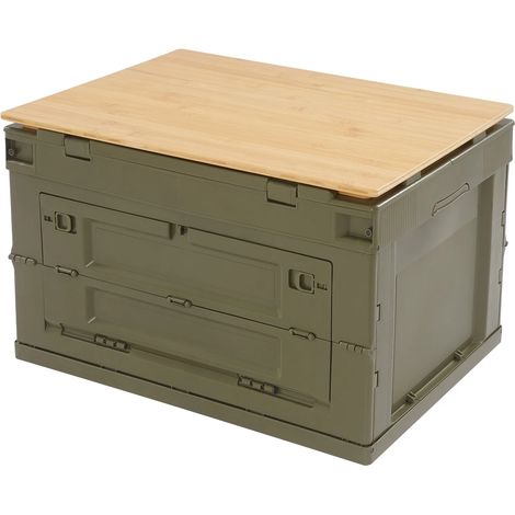 65L Foldable Storage Box w/Bamboo Lid Camping Organizer Collapsible Crate For car travel, fishing, shopping, moving house, camping, Green