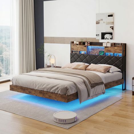 Lit double flottant 140 × 200 cm – Tête de lit rembourrée PU avec rangement LED et USB-C – Cadre métallique sommier à lattes – Chambre parentale chambre ado – Noir (1/5)