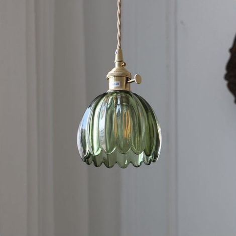 Lampe décorative japonaise rétro en verre fleur en verre, version filaire, E26, verte, sans source lumineuse