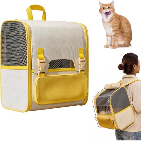 Sac À Dos Chat, Sac À Dos De Transport Pliable, Tissu Oxford 500d, Grand Espace Sac À Dos en Filet Respirant avec Poignée, Portable Caisse De Transport Chat pour Petit Animaux, Jusqu'À 8 Kg, Jaune (1/5)