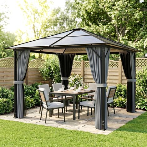 Pavillon 3x3m avec toit en polycarbonate, rideaux anti-insectes, structure en aluminium gris foncé, abri de jardin imperméable, salon d'extérieur avec moustiquaires, tonnelle robuste (1/5)