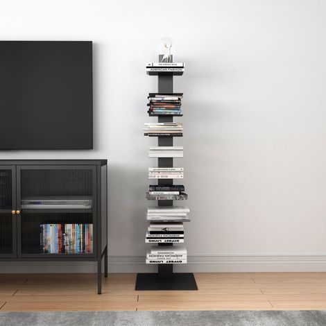 Hallowood Furniture Tall Black Metal Bookshelf, Slim Ladder Shelf Bookcase, Tower Media Display Shelves for CDs & DVDs, Tall Bookcase, Ladder Shelving Unit for Living Room and Lounge (1/5)