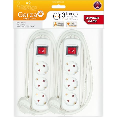 Garza Basic Power Economy Pack 2 unidades - Regleta Base múltiple de 3 tomas con interruptor 1.5mmX1.4m Blanco