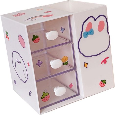Range-papeterie motif dessin animé mignon en plastique style Ins avec porte-stylos et autocollants fournitures bureau support de bureau pour salle d'étude et dortoir beige (1/5)