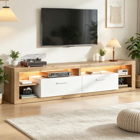 Mueble TV 180 x 35,5 x 50 cm con LED App, 2 cajones, natural y blanco DESVIAE (1/5)