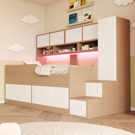 Lit enfant bois 90x200cm avec rangements étagères penderie échelle LED barrière sécurité