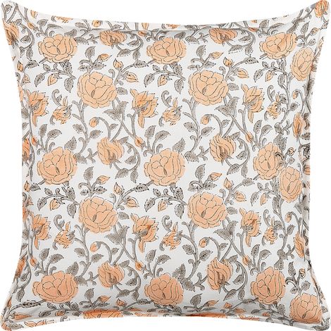 Cojín de algodón naranja blanco crema gris 45 x 45 cm patrón floral borlas Meadia (1/5)