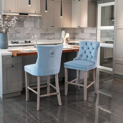 chaise bar lot 2 dossier haut velours clouté bleu OKMYHOME (1/5)