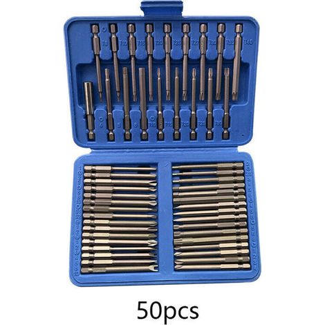 Jeu de 50 embouts extra longs, 75 mm, Torx Star, hexagonaux, carrés etc.