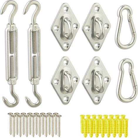 Relaxdays Ganci per Telo Ombreggiante, 40 Accessori in Acciaio Inox, Braccetti per Tenda da Sole, Moschettoni, Argentato