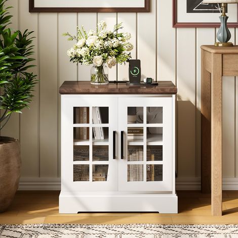 Rustikaler Nachttisch Mit USB-Ladestation Und Glastür,Kompakter Beistelltisch Mit Viel Stauraum Und Elegantem Design,Für Schlafzimmer, Wohnzimmer Oder Büro, Weiß (1/5)