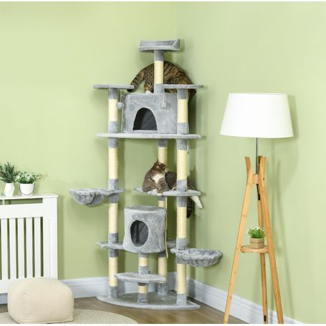 Arbre à chat en sisal et peluche gris clair, design 2 en 1, multi-niveaux pour griffer, jouer et se reposer, 60 x 60 x 200 cm (1/5)