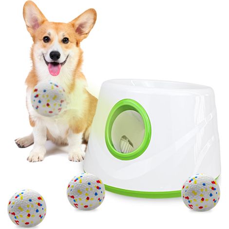 Lanceur de balle automatique pour chiens – 3 réglages de distance (6/10/14 m) avec balles de tennis ETPU de 5,6 cm  Jouet pour chien intérieur/extérieur  3 balles et charge rapide