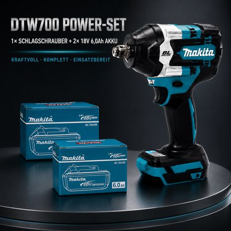 Makita DTW700 18V Akku-Schlagschrauber, Brushless, mit 2× Makita BL1860B 6,0Ah Akkus und DC18RC Ladegerät