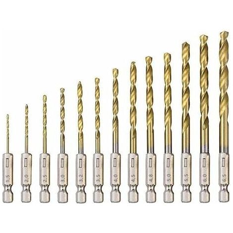 HSS Twist Drill Bit 13Pcs High Speed Steel Hexagon Drill Bits with Titanium Coating 1.5mm - 6.5mm for Wood/Metal/Plastic Drilling