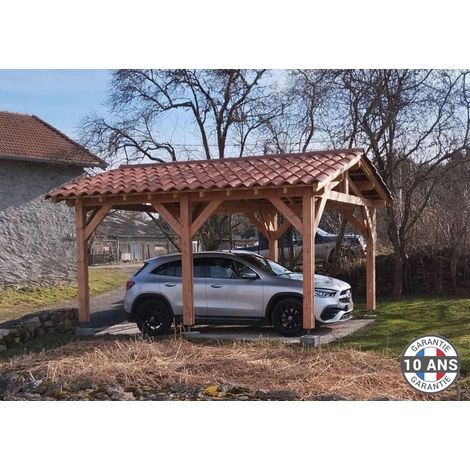 Carport bois Douglas 15 m² double pente 6 poteaux abri voiture extérieur fabrication française garantie 10 ans