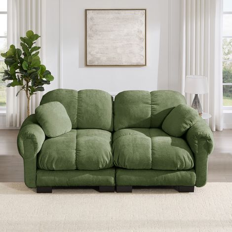 Divano modulare 190x86x90 cm, seduta morbida con cuscini spessi, cuciture trapuntate, chenille verde (1/5)