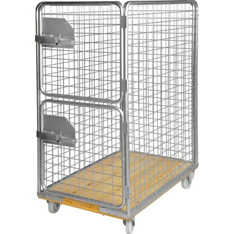Kongamek Rollcontainer verzinkt 1200x750x1700mm mit Holzboden, 4 Gitterwänden 65x65mm und 2 halb öffnende Türen mit Bremse