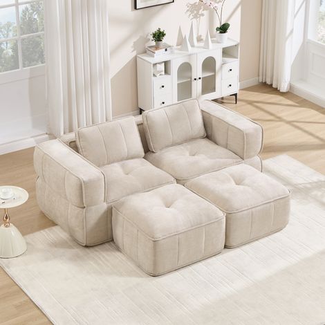 Divano modulare 198x162x67 cm, con 2 pouf, seduta profonda, senza montaggio, poliestere beige (1/5)