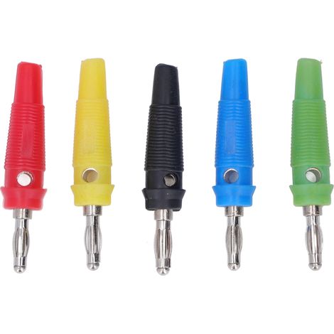 Connecteur banane 4mm en alliage de cuivre, forme lanterne, sans soudure avec gaine souple. Lot de 10 paires : rouge, noir, jaune, bleu, vert. (1/5)