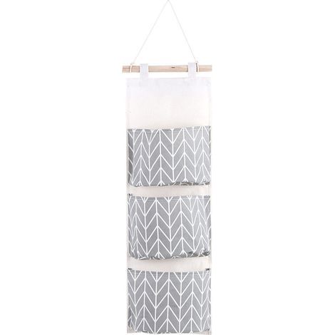 3 poches coton lin tenture murale sac de rangement porte pochette chambre maison bureau organisateur gris (1/5)