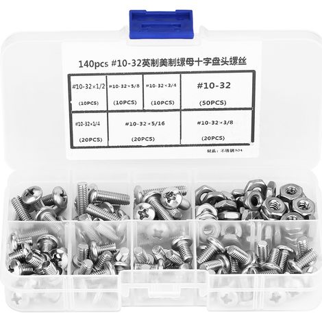 Lot de vis et écrous - 140 pièces 10-32 acier inoxydable 304 PH tête plate - kit assortiment DIY et réparation (1/5)