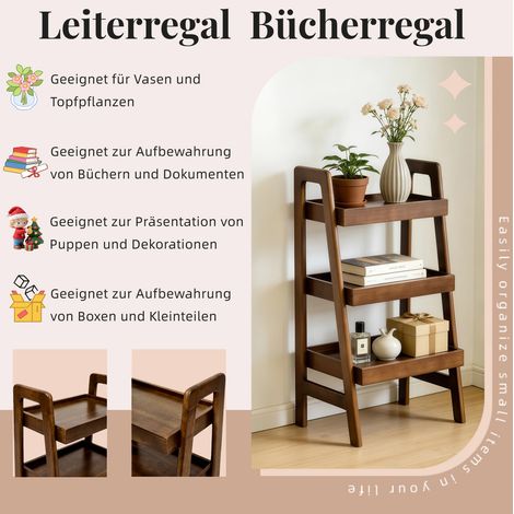Petit étagère échelle 3 niveaux en bois massif, finition noyer, meuble d'appoint pour salon, chambre ou bureau (1/5)