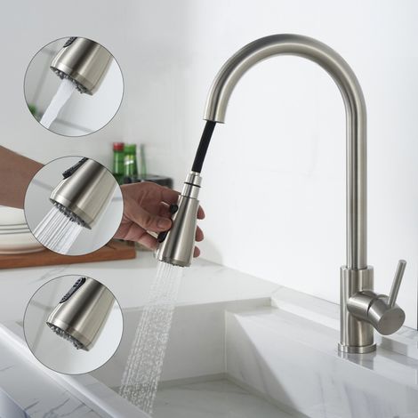 Wasserhahn Küche Edelstahl,Küchenarmatur 360°Schwenkbar,Armatur Küche 3 Strahlarten Geschirrbrause,Hochdruck Mischbatterie Küche mit Brause (1/4)