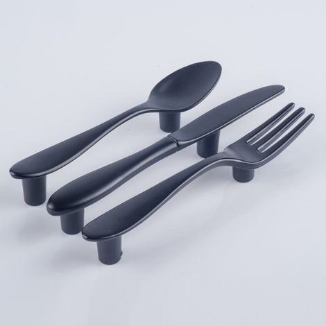 Couteau, fourchette et cuillère Poignée de meuble créative Poignée de meuble à tiroir Poignée de cuisine (3 pièces noires) (1/4)