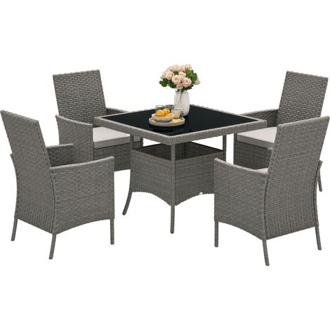 Outsunny Rattan Garden Furniture Set, Outdoor Dining Table and Chairs 4 Seater with Cushions, Square Tempered Glass Top, 4 Armchairs, for Balcony, Terrace, Conservatory, Grey