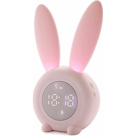 Réveil Matin à Induction en Forme de Lapin Mignon, Intelligent Réglage Automatique de la Lumière de Respiration, Affichage Automatique Temps/Date/Température, Contrôle Vocal ou Tremblement [Classe éne