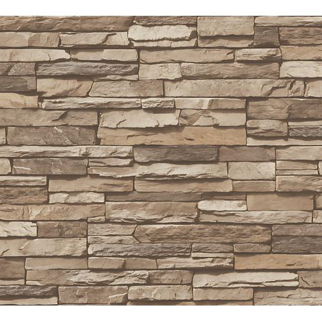 Stone tile wallpaper wall Profhome 958332 non-woven wallpaper smooth with nature-inspired pattern matt brown beige 5.33 m2 (57 ft2)