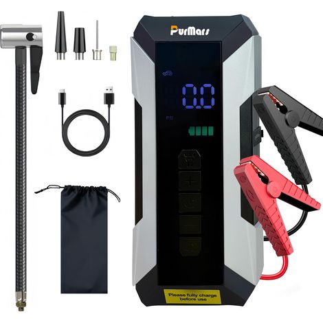 démarrage Powerbank 3000 A avec compresseur d'air 150 PSI, démarreur 12 V pour essence et diesel 8,5 l, écran LCD, QC3.0, lampe de poche LED (1/5)